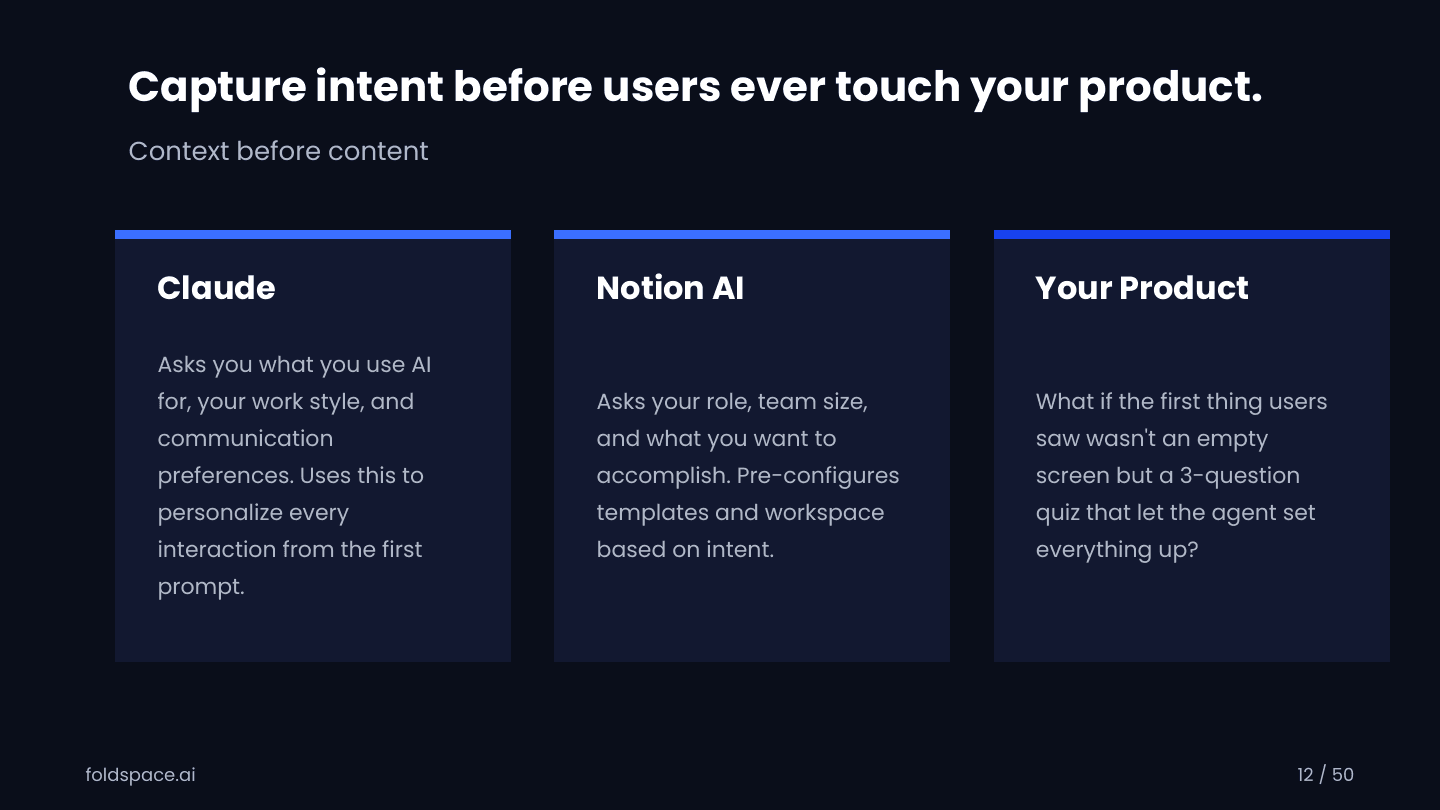 slide-12.png — Capture intent before users ever touch your product: Claude, Notion AI, Your Product comparison