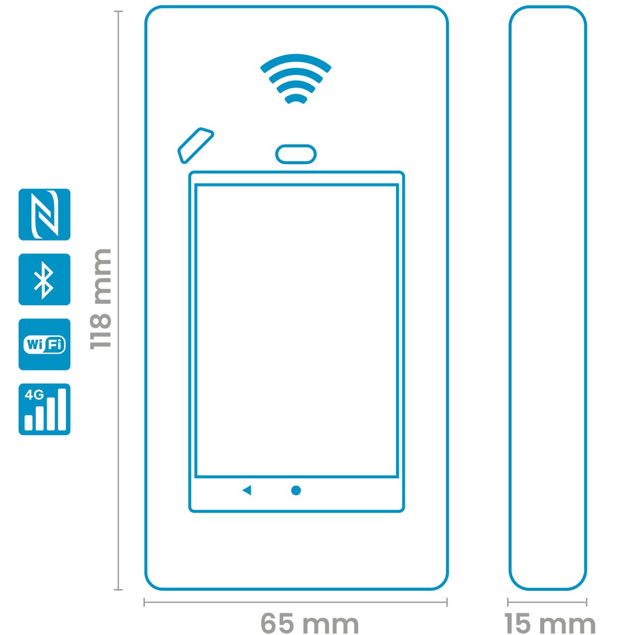 Specifiche tecniche di Fluida Station: lettore badge NFC, display touch, connettività Bluetooth, design compatto