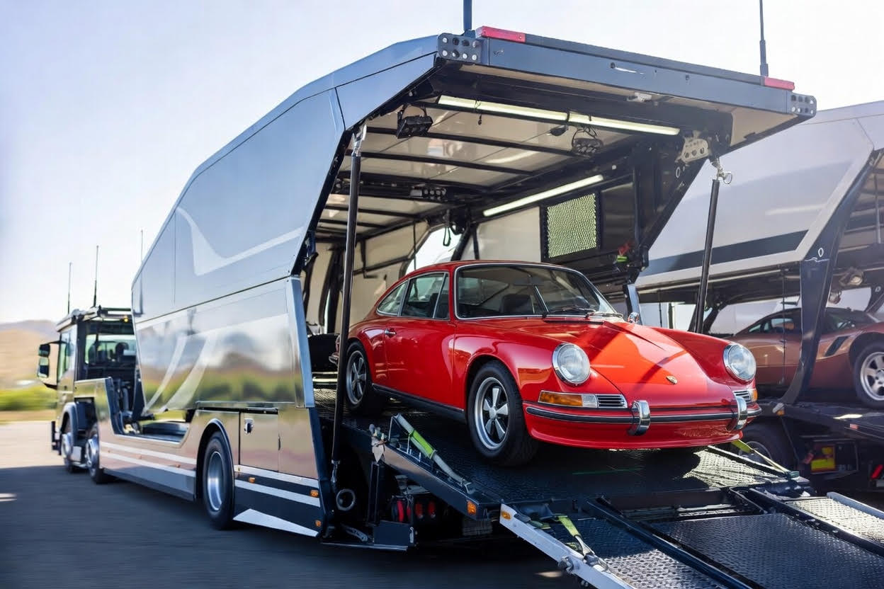 Transporter showing classic porsche being transported in a protected and enclosed carrier
