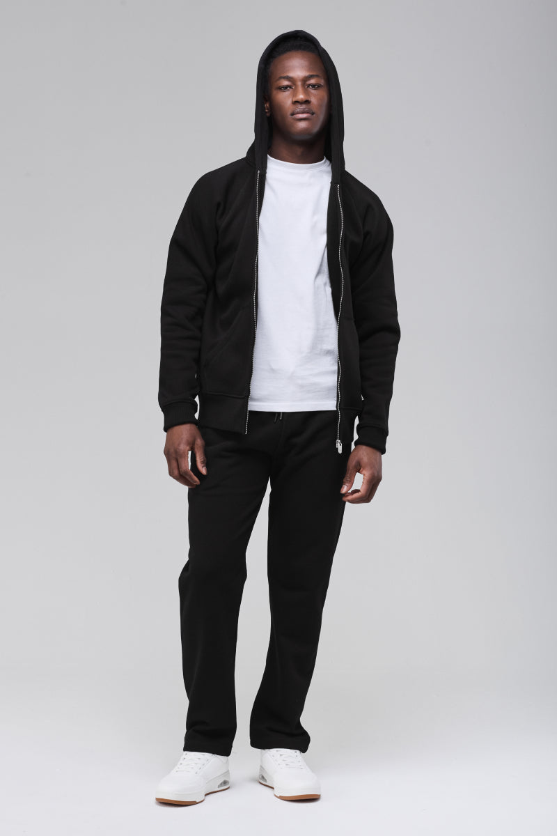 Front view, zip hoodie hood up