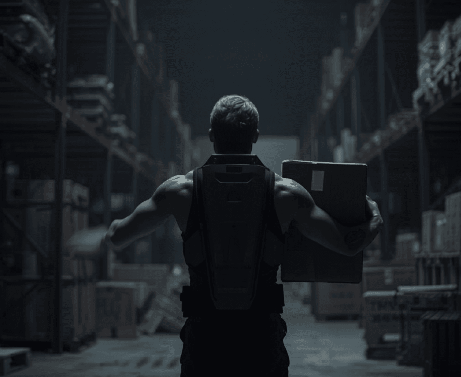 Travailleur d'entrepôt portant un exosquelette industriel noir soulevant une boîte lourde dans un entrepôt, éclairage dramatique et ambiance sombre.