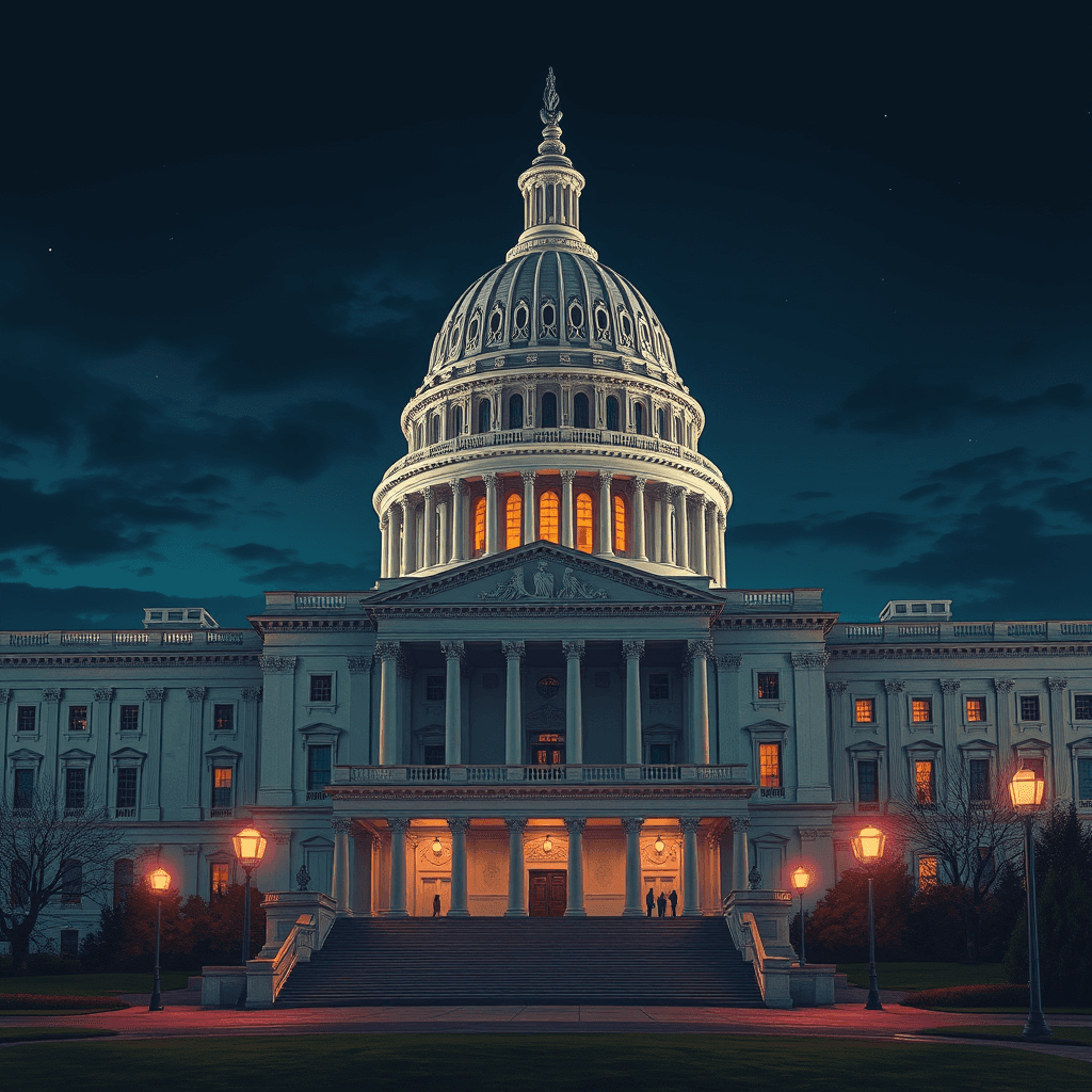 The United States Capitol lit from within at dusk