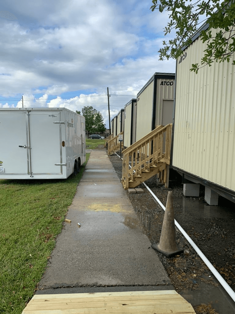 Walkway between temporary housing units at the Ochsner Chabert Medical Center emergency housing site in Houma, Louisiana.