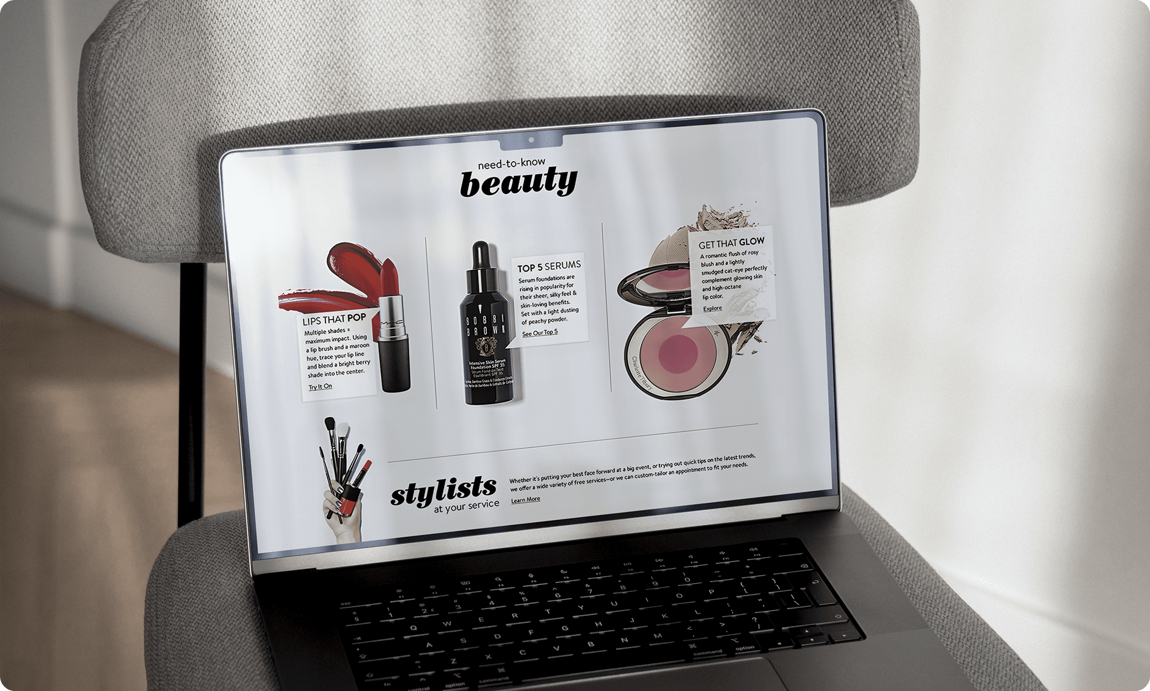 Laptop displaying Nordstrom beauty products page featuring serums, lipsticks, and blush with 'need-to-know beauty' headline