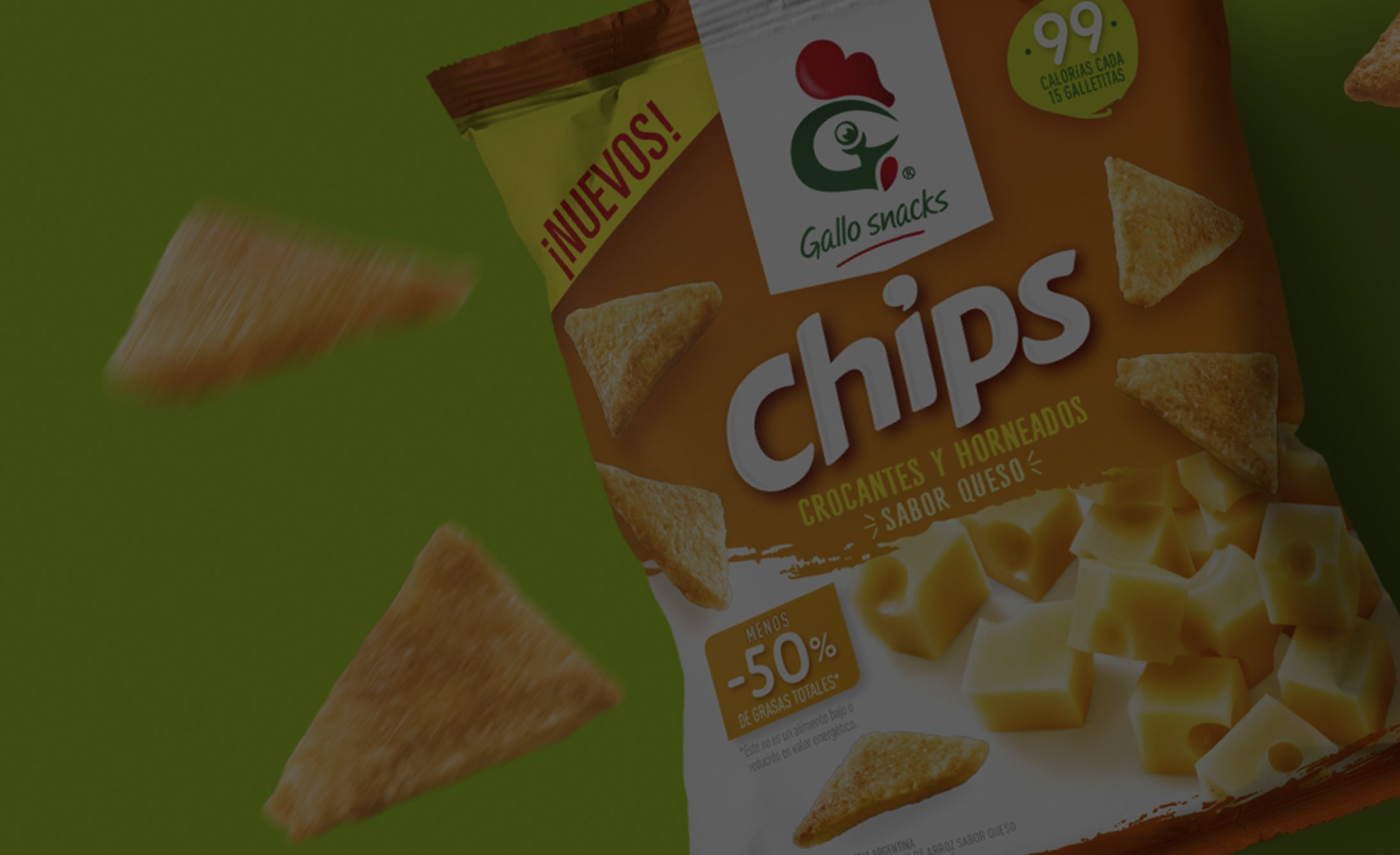A vibrant green background features a prominently displayed bag of Gallo Snacks cheese-flavored chips. The package highlights low-calorie content and reduced trans fats. Triangular chip pieces appear around the bag, suggesting freshness and crunchiness.