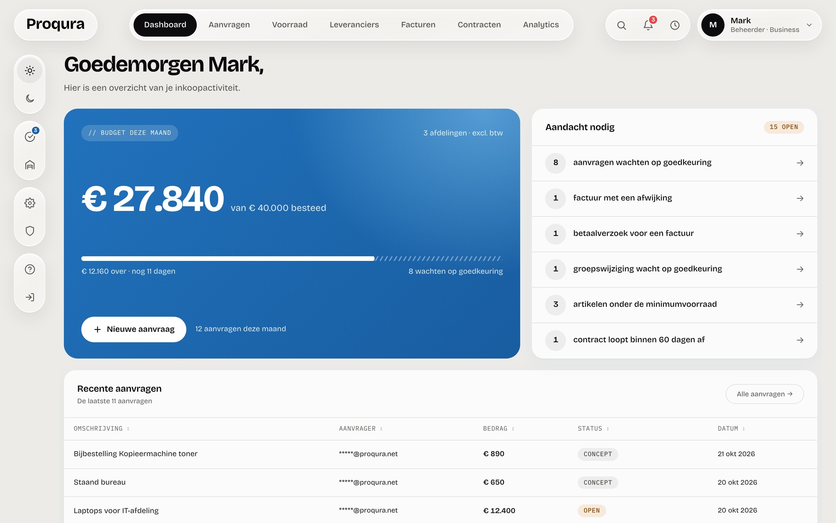 Proqura-dashboard op een laptop: budget van de maand en wat aandacht nodig heeft