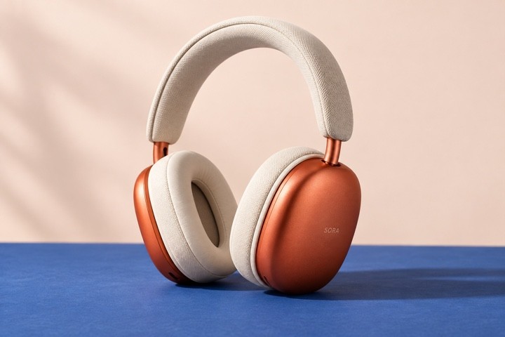 Coral metal and cream woven SORA headphones on a cobalt platform