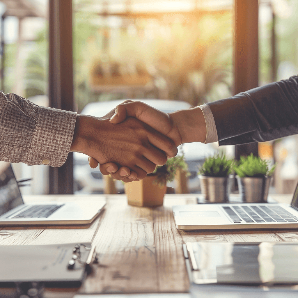 Poignée de main entre deux professionnels, symbolisant un accord ou un partenariat d’affaires