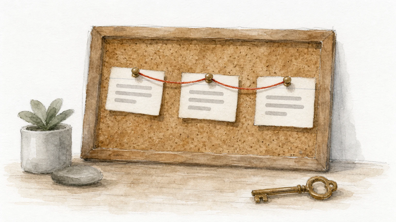 Three index cards pinned to a corkboard, connected in sequence by string, with a brass key at the end.