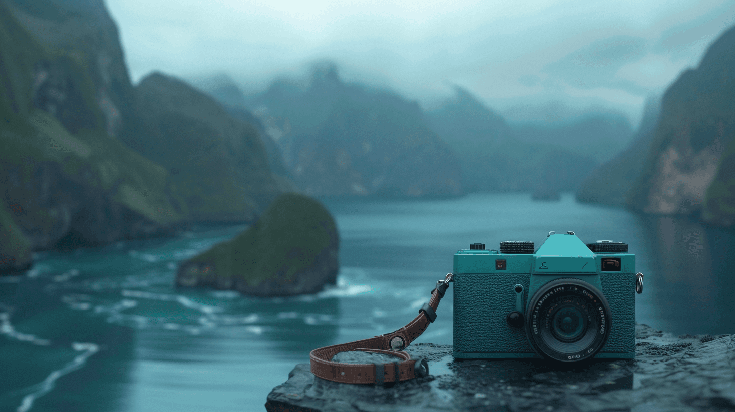 A photo of a camera with a lake background