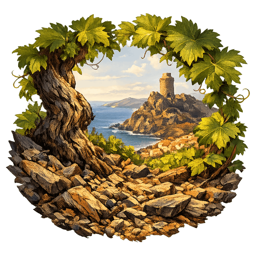 Detailed graphic of the Banyuls wine region.