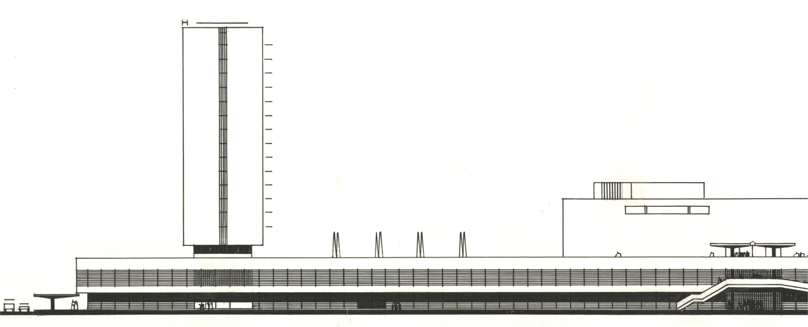 Archival architectural drawing of OD Prior, a modernist department store in Bratislava
