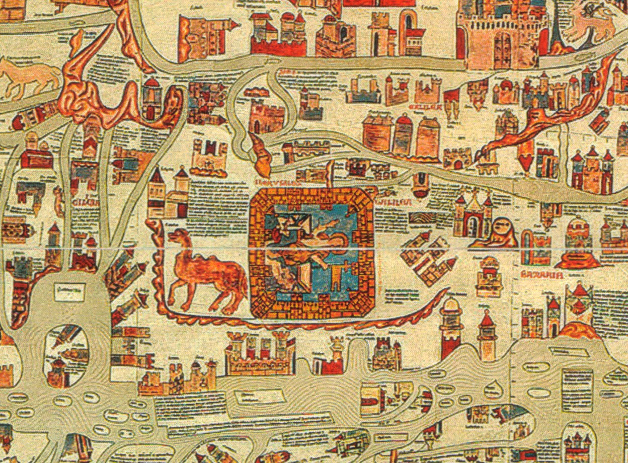 Mappa storica illustrata di un territorio con rappresentazioni di città e insediamenti