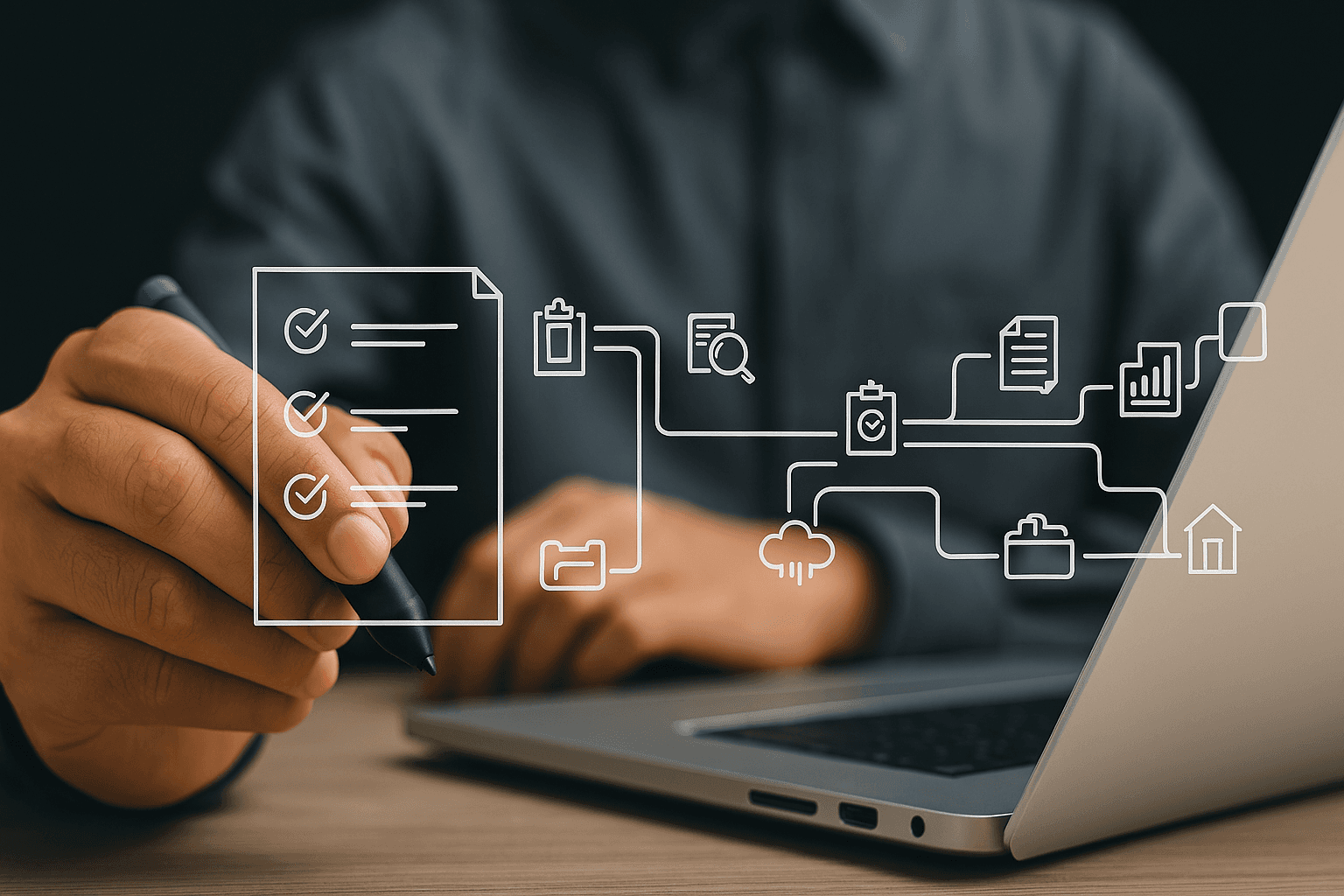 Mão de profissional escrevendo com caneta digital, com ícones conectados de documentos e dados, representando transparência, rastreabilidade e controle na gestão pública.