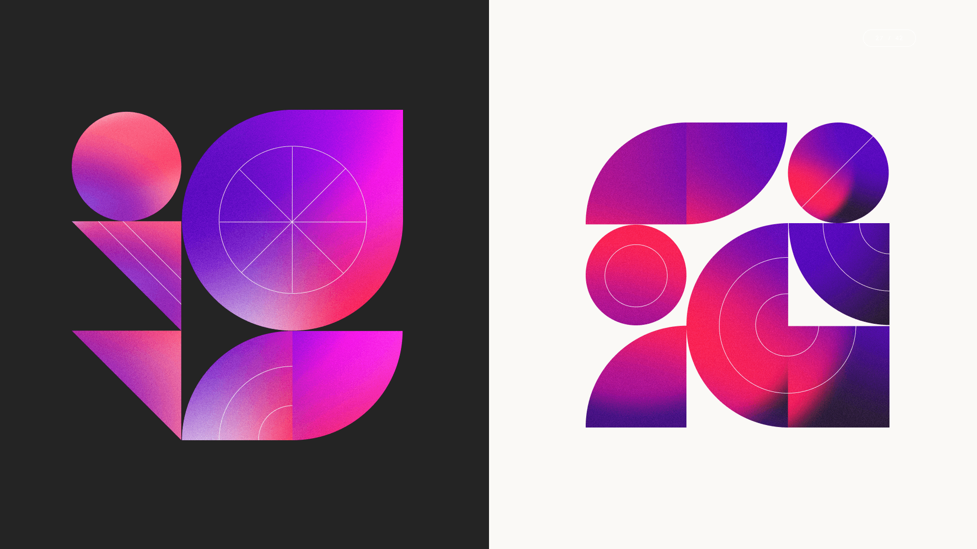 Geometric gradient compositions built from circles, leaf shapes and quarter-arcs on dark and light grounds