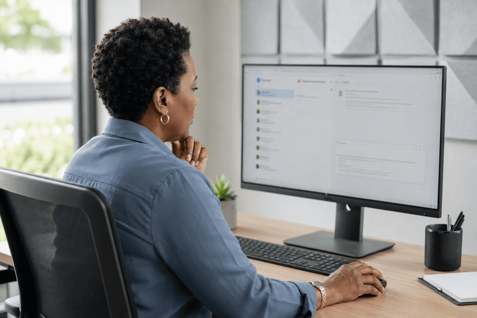 A person works at a computer in a bright office.