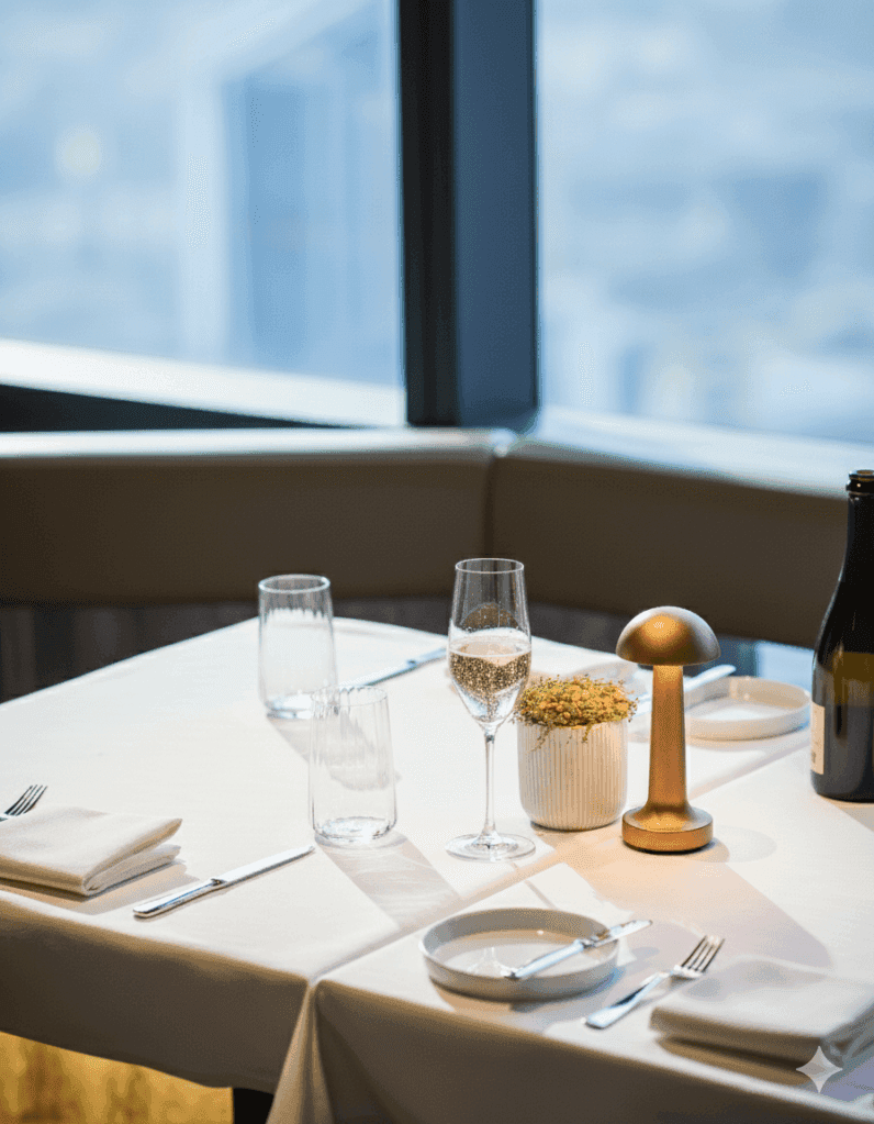 A elegantly set restaurant table with a view, featuring sparkling wine in a flute, a small potted plant, a golden lamp, and neatly arranged utensils.