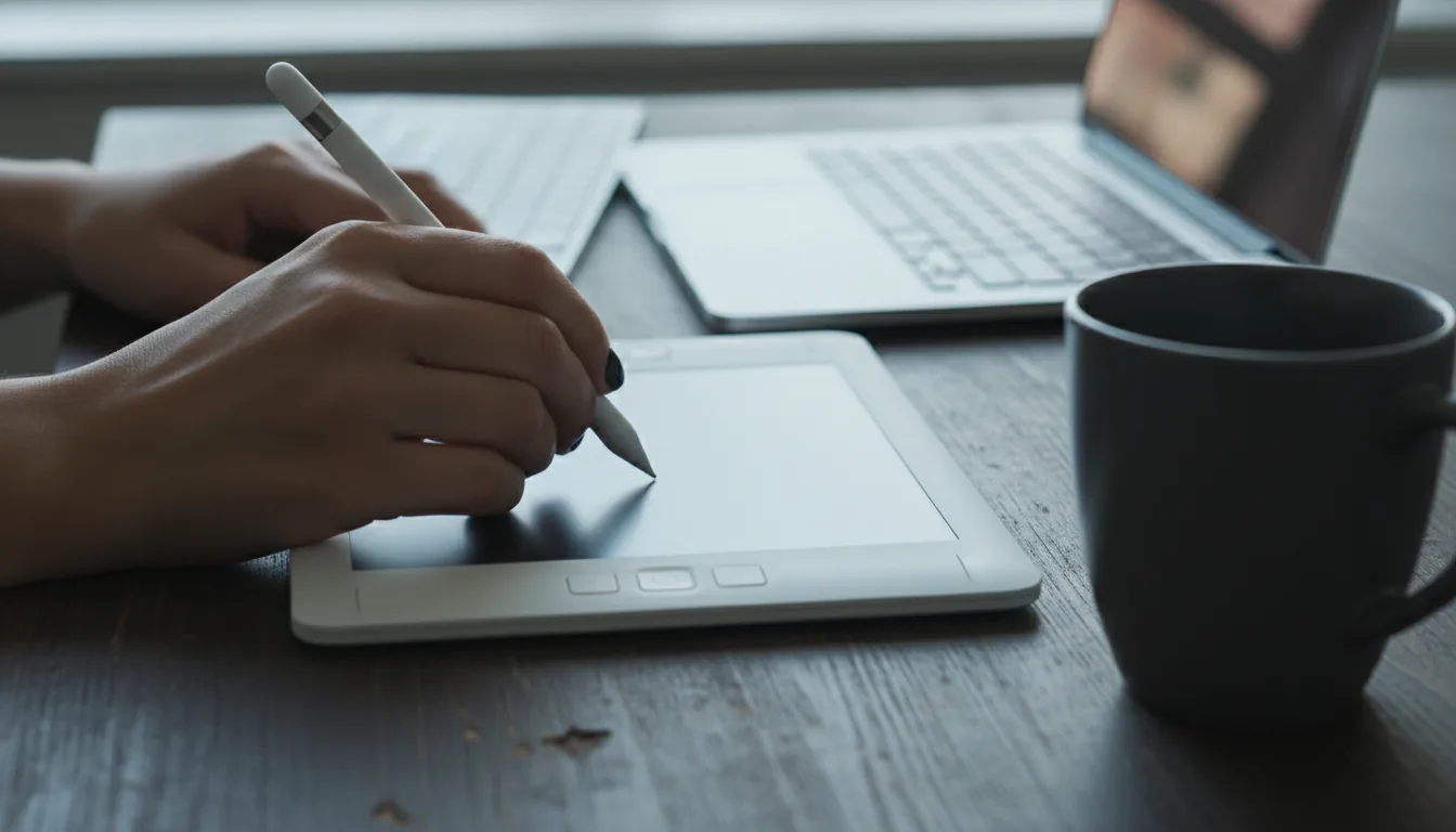 DSLR photography, close-up shot of a digital artist's hands with black nail polish using a white stylus to draw on a graphics tablet. The tablet is on a dark textured desk next to a dark grey ceramic mug. In the background, a silver laptop and keyboard are out of focus. The scene is lit with cool, natural daylight from a window, creating a shallow depth of field with a moody, cinematic contrast.