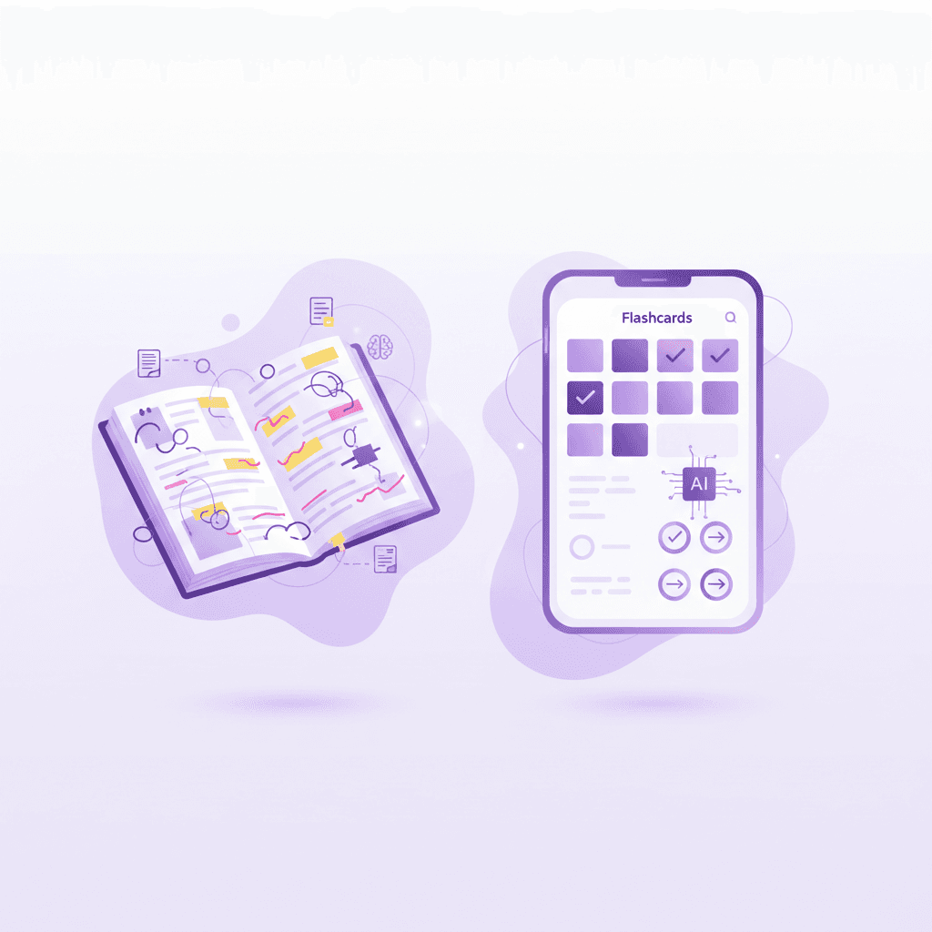 A split screen showing a messy, highlighted textbook page on the left, and a clean, organized digital dashboard with generated flashcards and quizzes on the right.