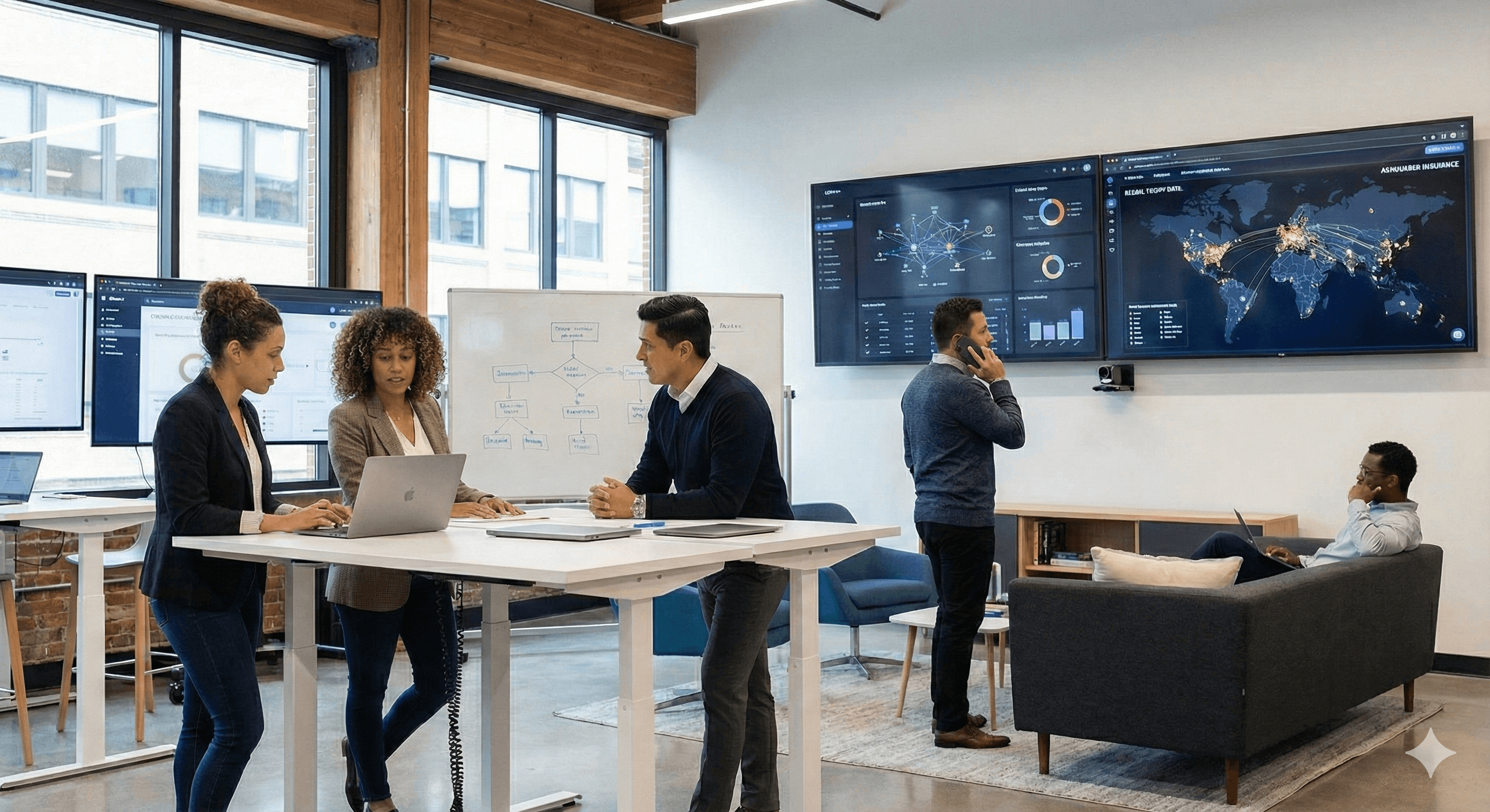 In a modern office space, several professionals collaborate around standing desks with laptops, while large digital screens display global data analytics and cybersecurity charts, highlighting AI cybersecurity resilience.
