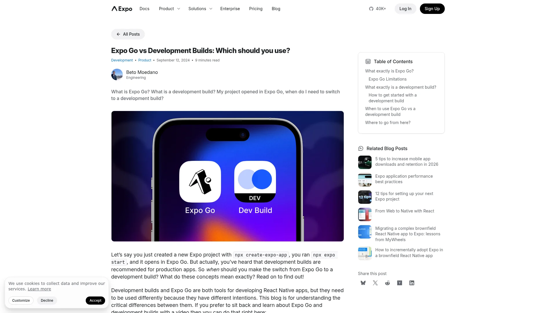 Expo blog post comparing Expo Go and Development Builds, showing the two app icons side by side on a phone screen.