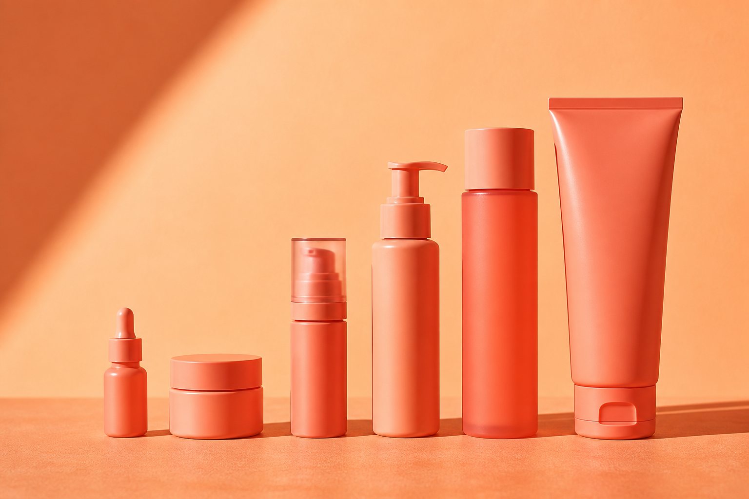 Coral products lined up by size on a terracotta surface