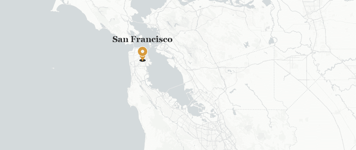 Minimal map of the greater Bay Area including Marin, with a pin at San Francisco