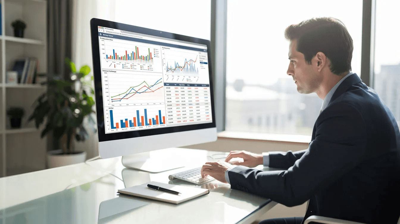 A person is focused on reviewing financial charts and graphs displayed on a computer monitor in a bright office setting, suggesting a professional environment where they may be assessing VAT compliance, tax obligations, or developing a financial strategy. The scene reflects the importance of accurate records and ongoing compliance with UAE VAT regulations.