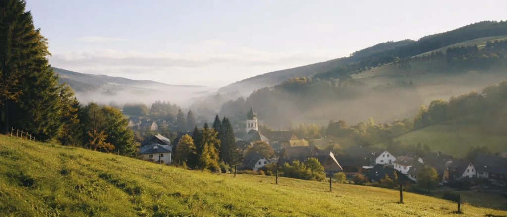 Thüringer Waldtal mit Dorf, grünen Hügeln und aufklarendem Morgennebel