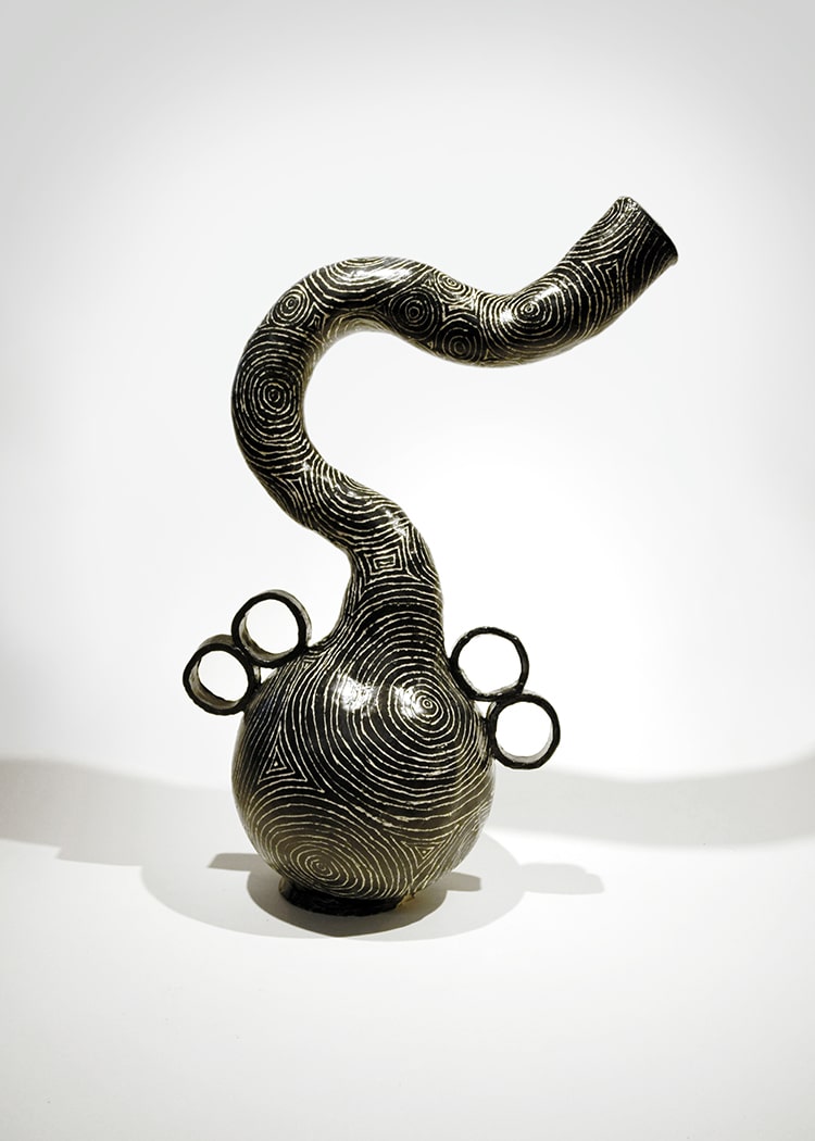 Black vase with curved neck and circular handles