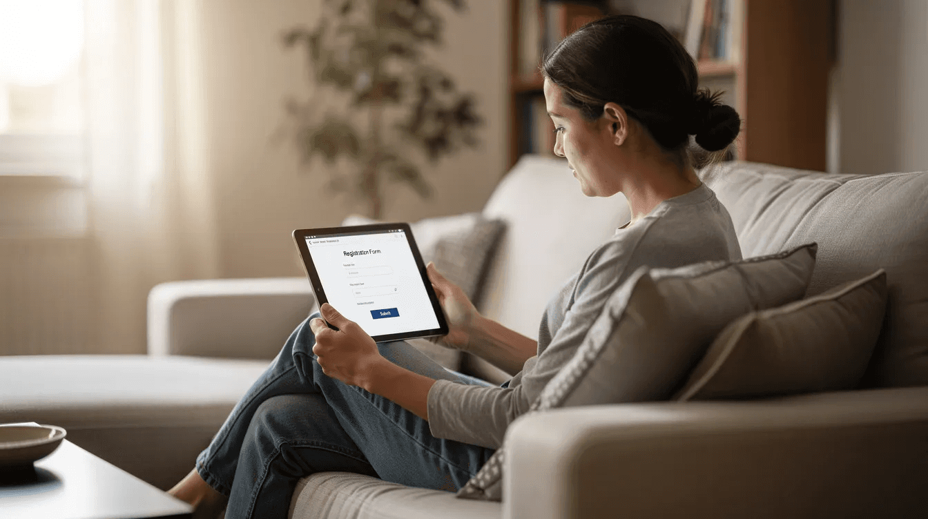 A parent is sitting comfortably on a couch, using a tablet to complete an online registration form for a cheerleading program. The scene highlights the user-friendly design of cheer gym management software, allowing for easy management of classes and streamlined operations with just a few clicks.