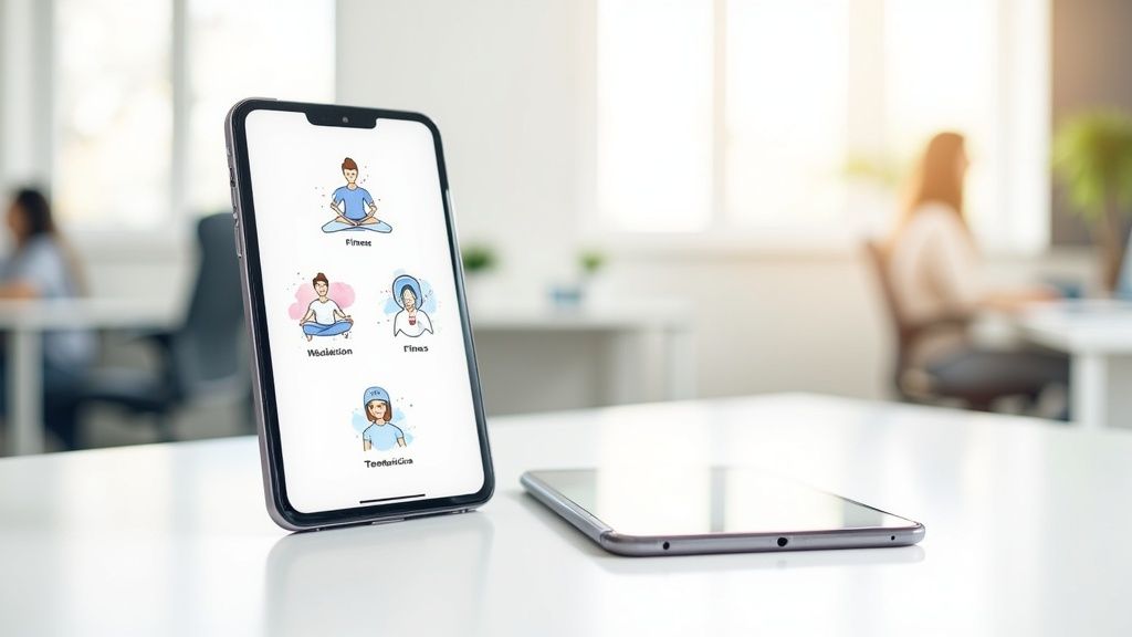 Un smartphone con una aplicación de bienestar que ofrece fitness, meditación y opciones para adolescentes en un entorno de oficina.