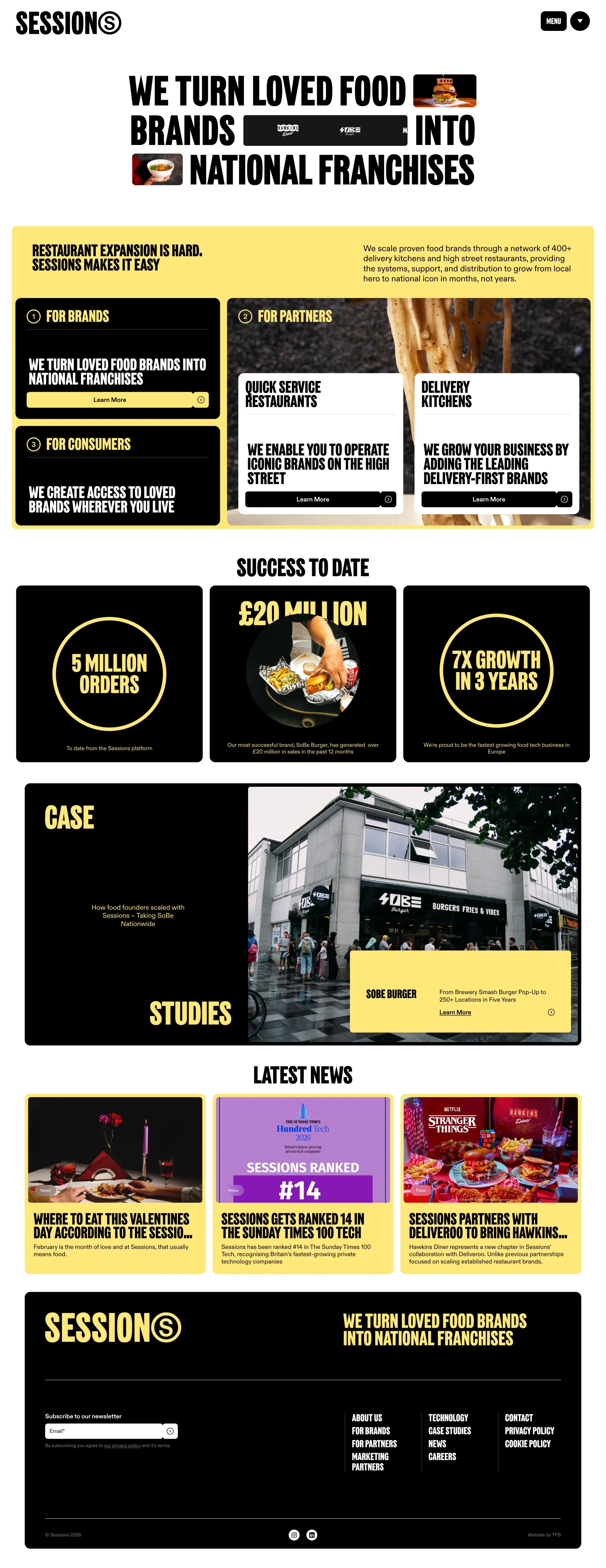Sessions landing page screenshot showcasing Food & Drinks design