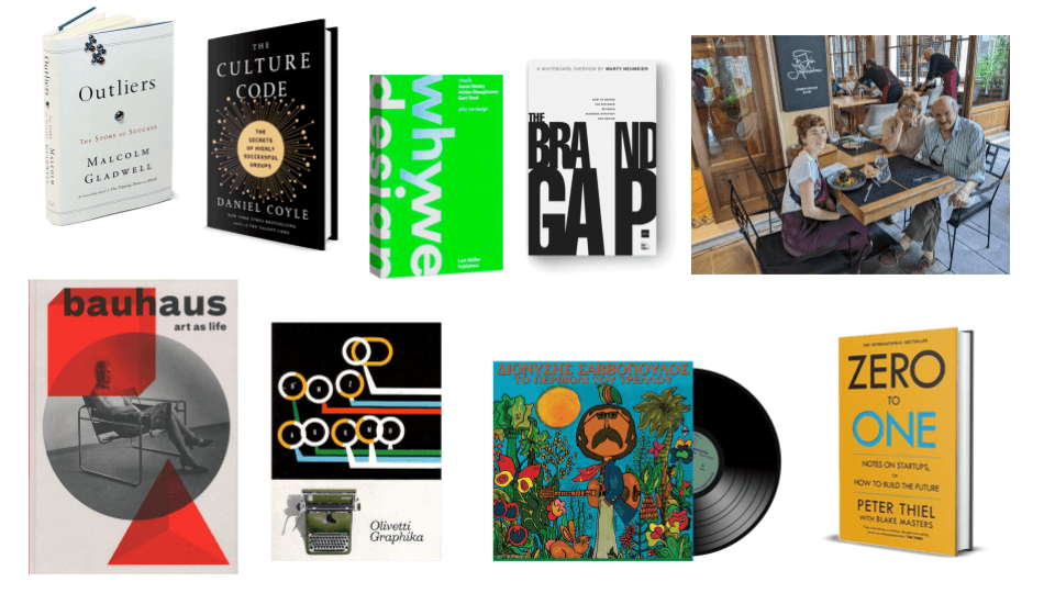 collage of some design and business books, an alubum and my family