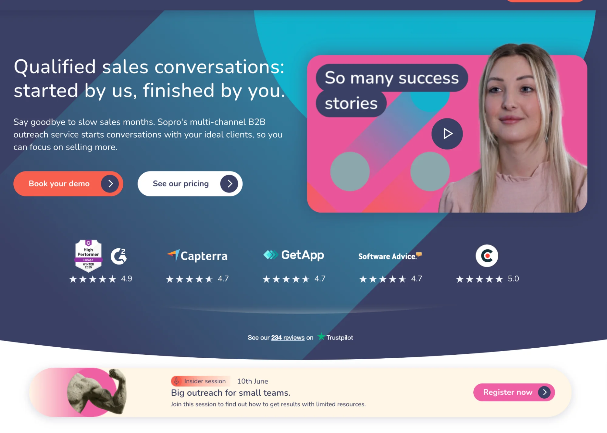 Sopro homepage: blended manual and automated B2B prospecting