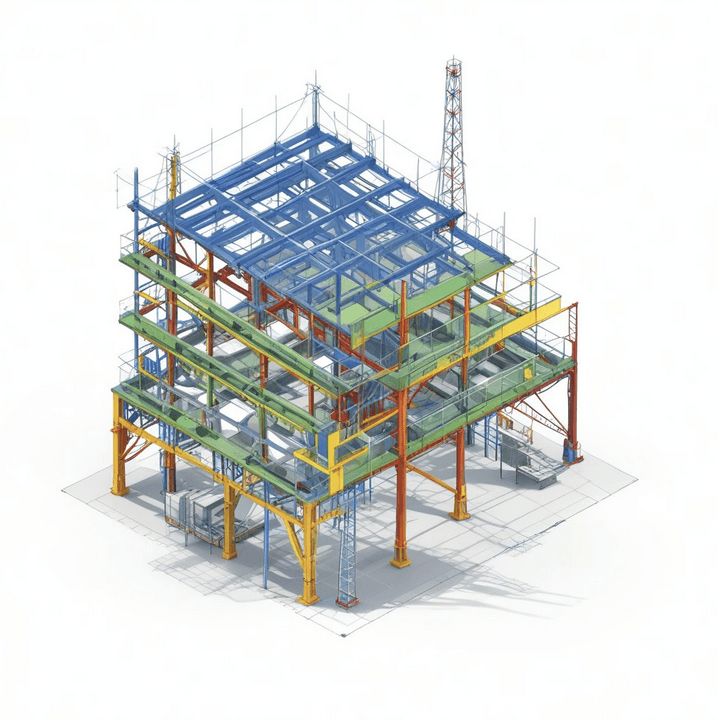 Architectural blueprint of a building with intricate piping and structural details