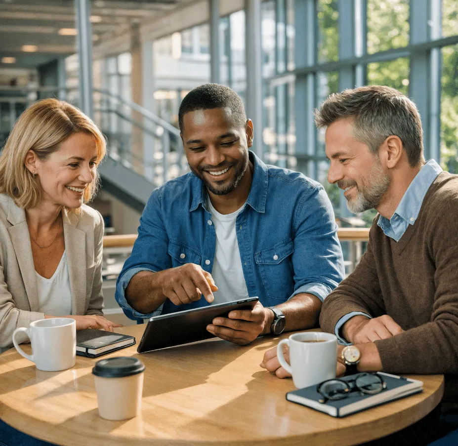 Drie collega’s lachen samen terwijl ze naar een tablet kijken in een lichte hal