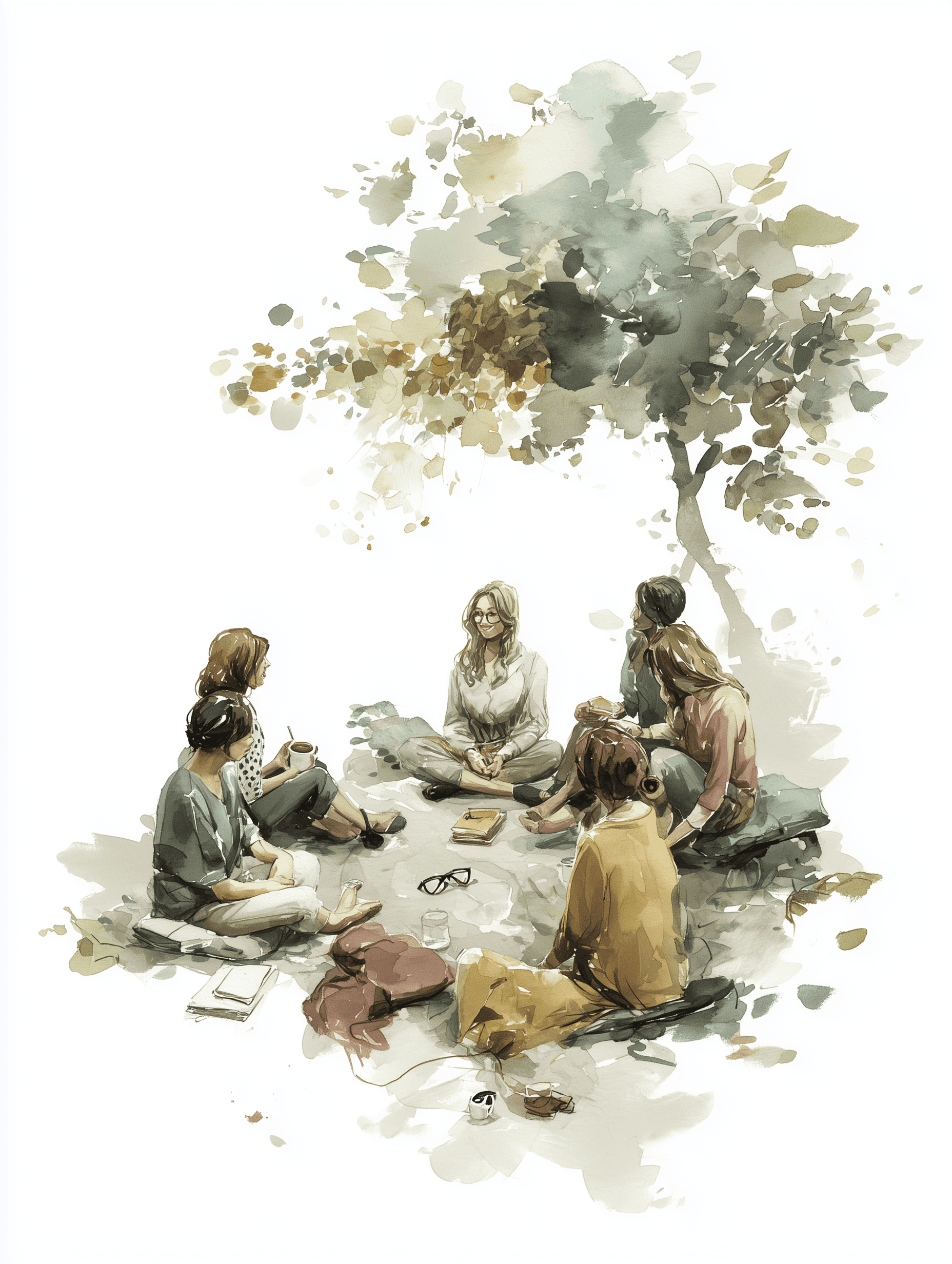 Watercolor illustration of a group of people sitting in a circle outdoors under a tree, representing learning and group workshops at Roots & Reach.