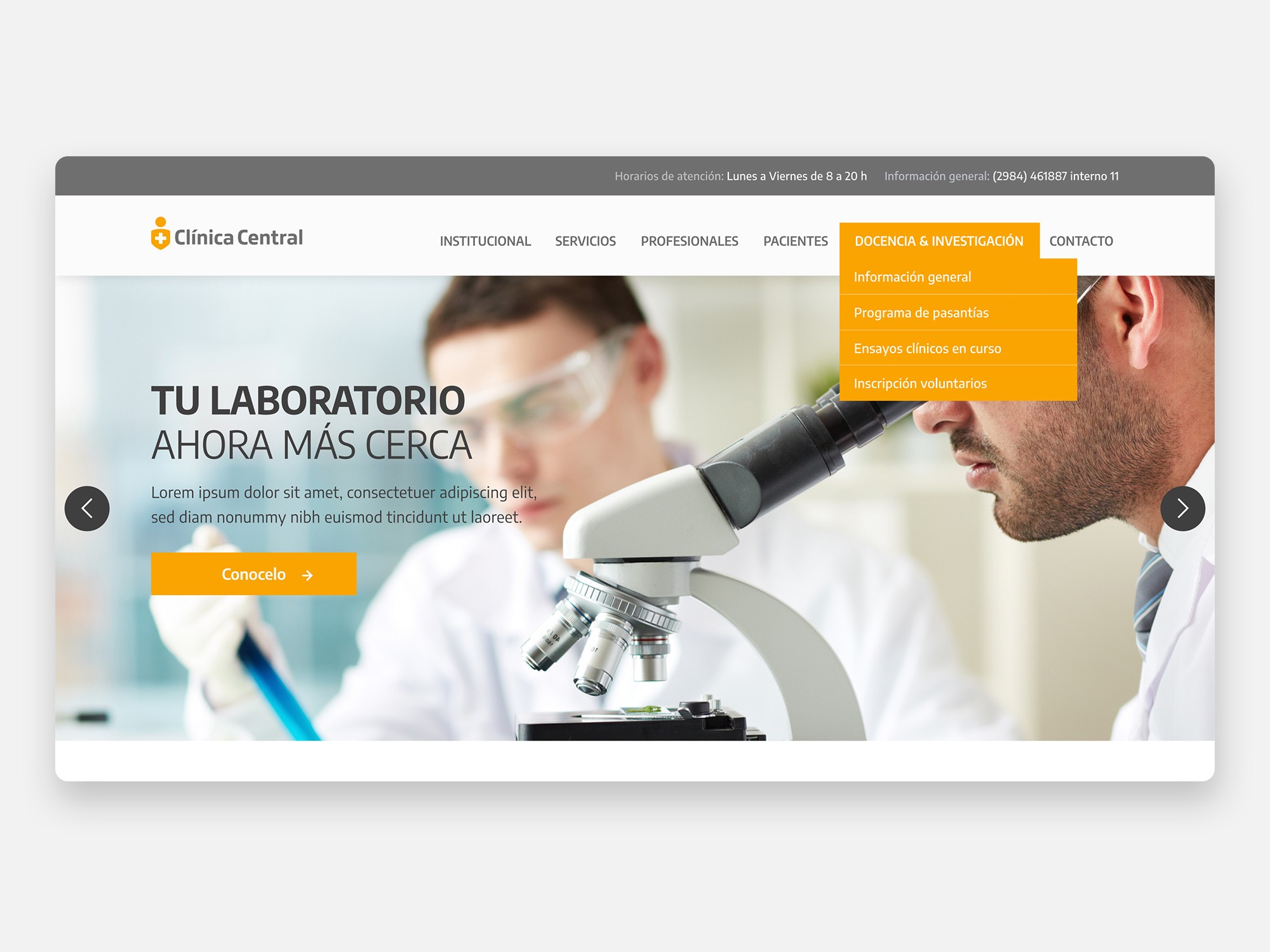 Bosquejo que muestra cómo podrían implementarse los criterios de identidad de Clínica Central en su sitio web institucional.