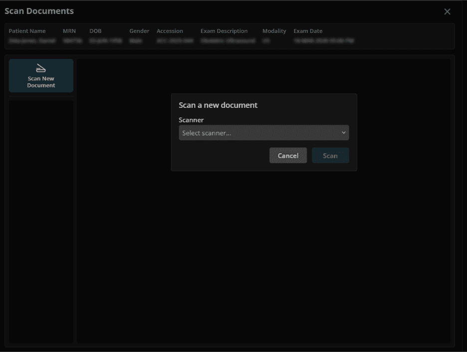 The image displays a user interface for a document scanning system, featuring various fields for inputting patient information and options to scan new documents.
AI-generated content may be incorrect.