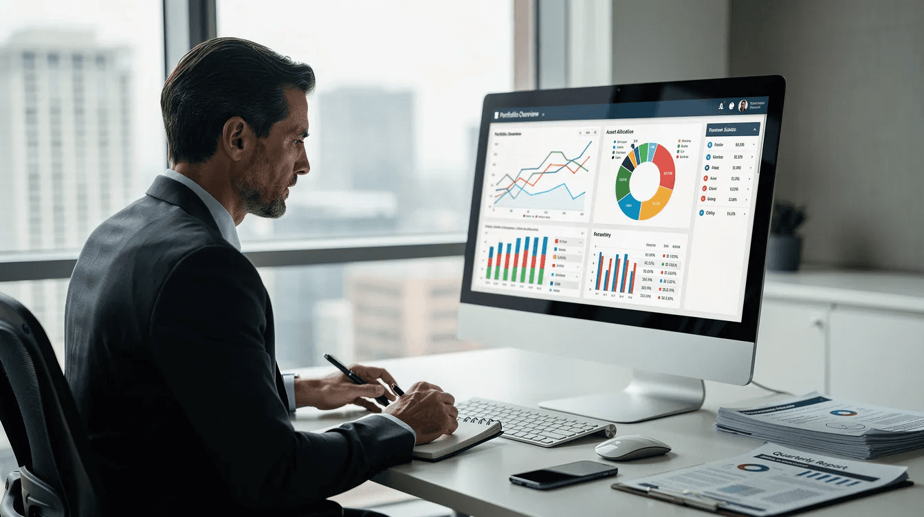 A professional is intently reviewing an investment portfolio displayed on a computer screen, which includes details about health savings account (HSA) funds and their tax advantages. The image conveys a focus on strategic investment options to optimize retirement savings and manage future medical costs effectively.