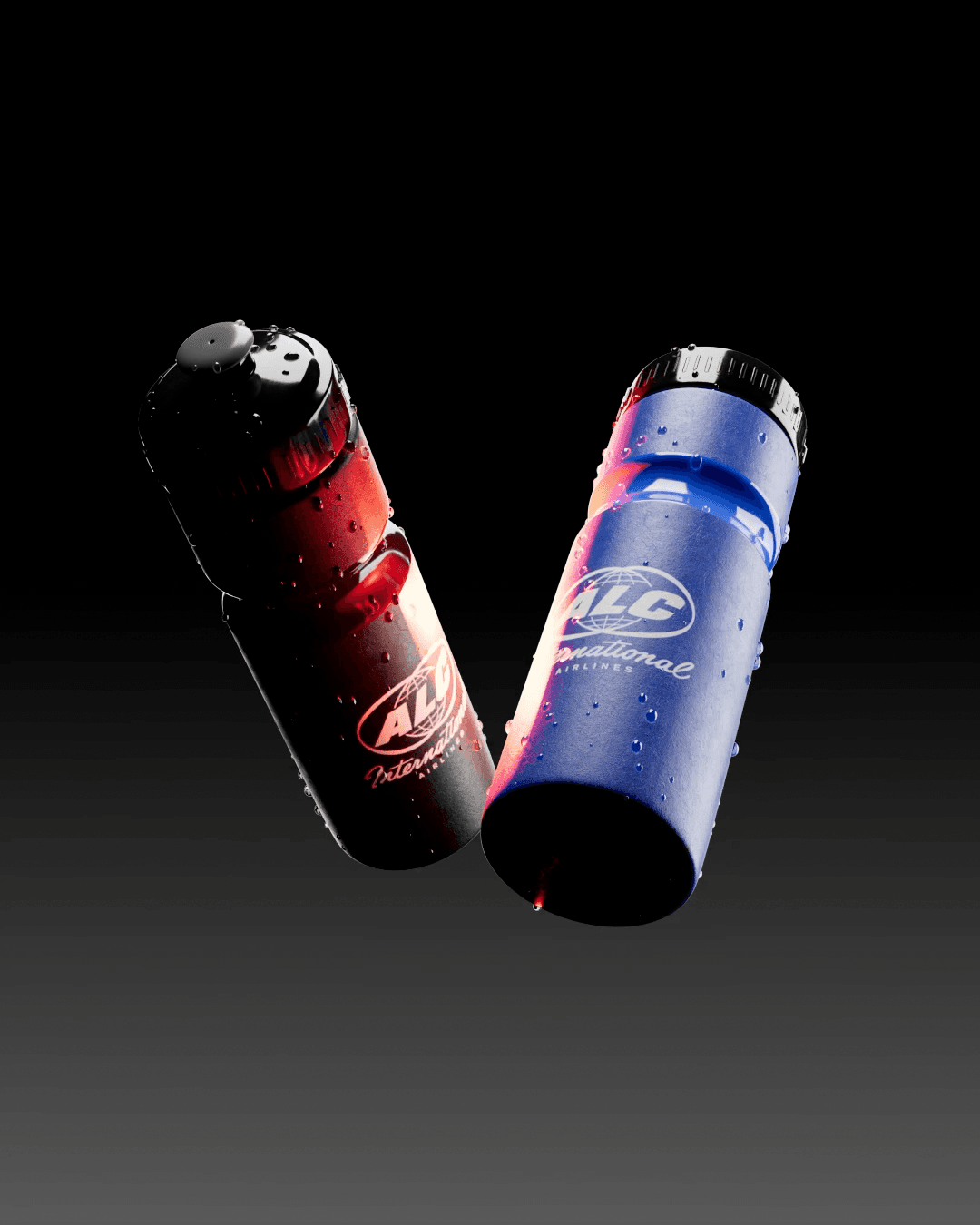 Close-up of custom soccer water bottles designed for 'Flying High Part Two' EP.