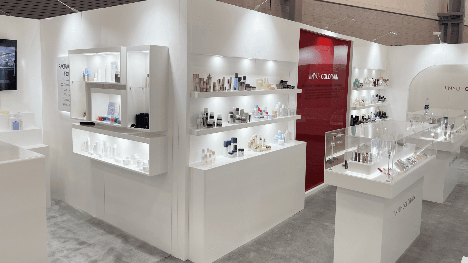 beauty and spa exhibit booth with skincare display shelving and customer interaction zones for IECSC environment