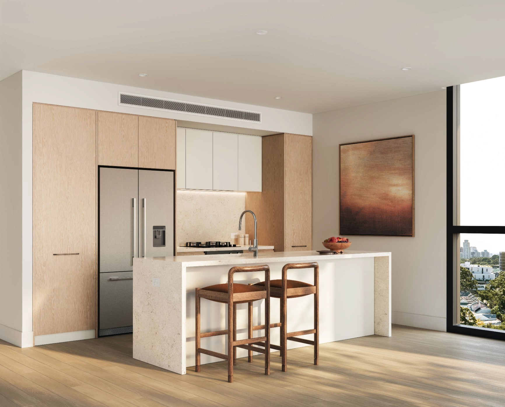 Contemporary kitchen in a The Avenues Zetland apartment with stone island bench, integrated appliances, timber cabinetry, and natural light.