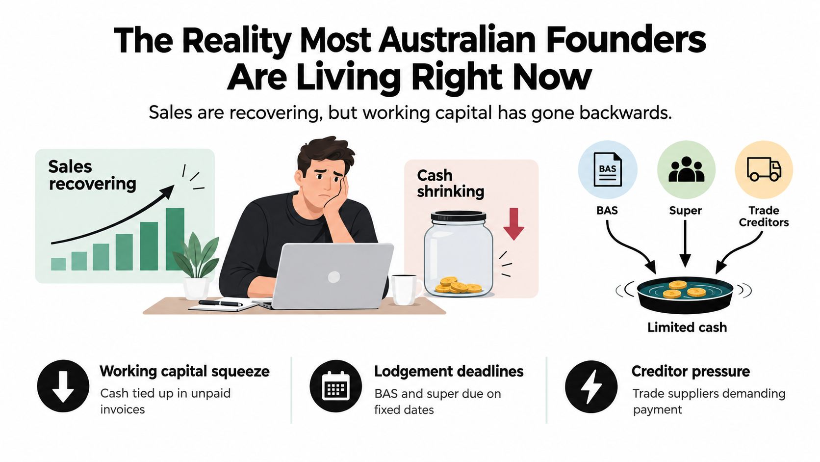 A concerned Australian founder looks at a laptop while facing financial challenges like cash flow and debt.