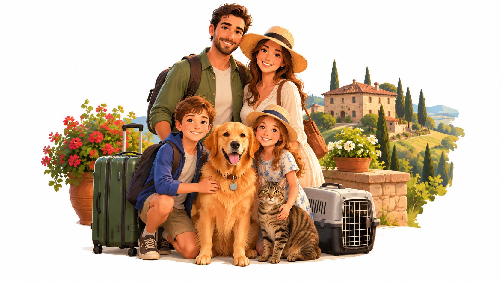 A happy family posing with their golden retriever and tabby cat during a vacation in Italy.
