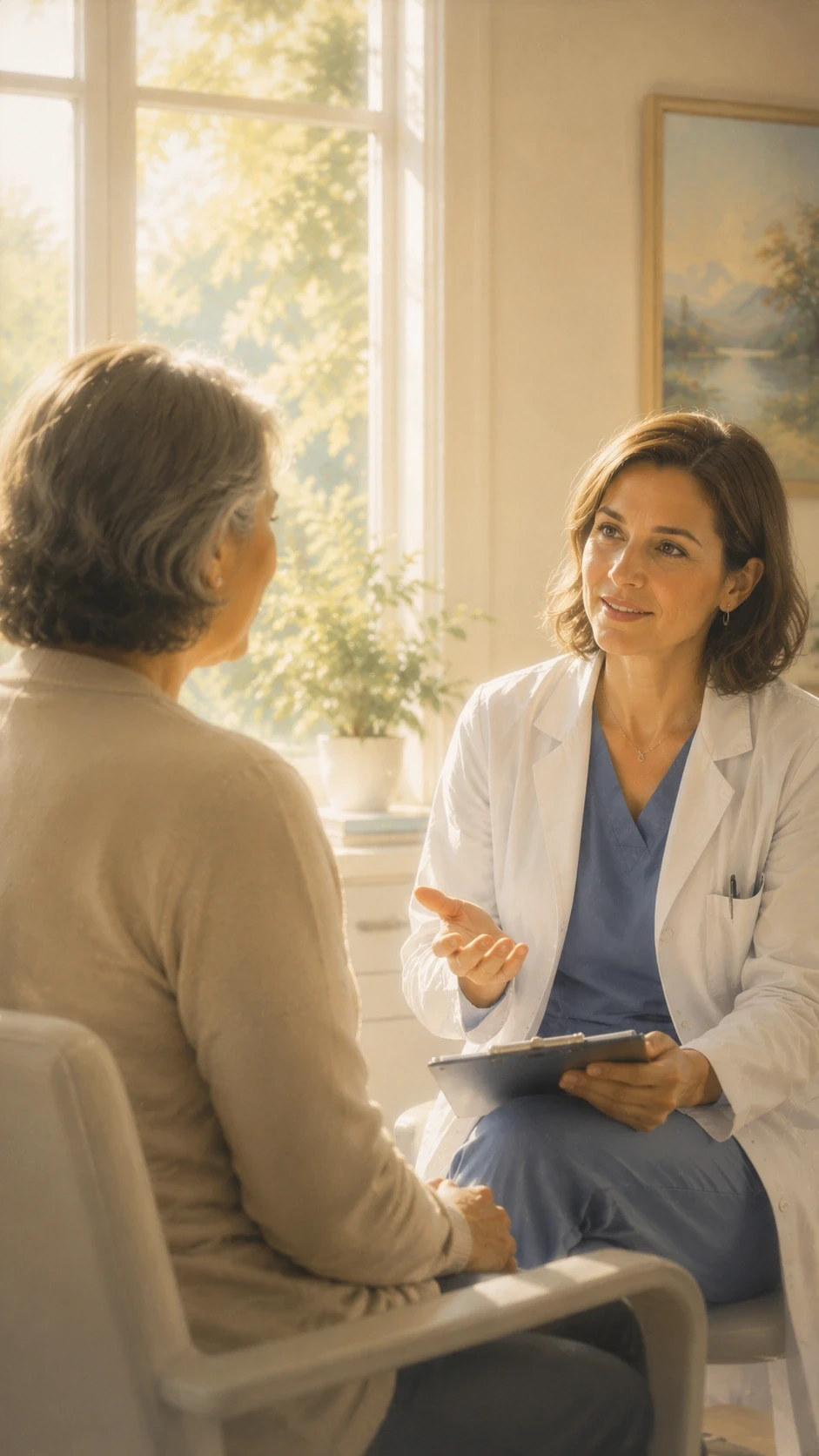 Two people talking in a bright consultation room