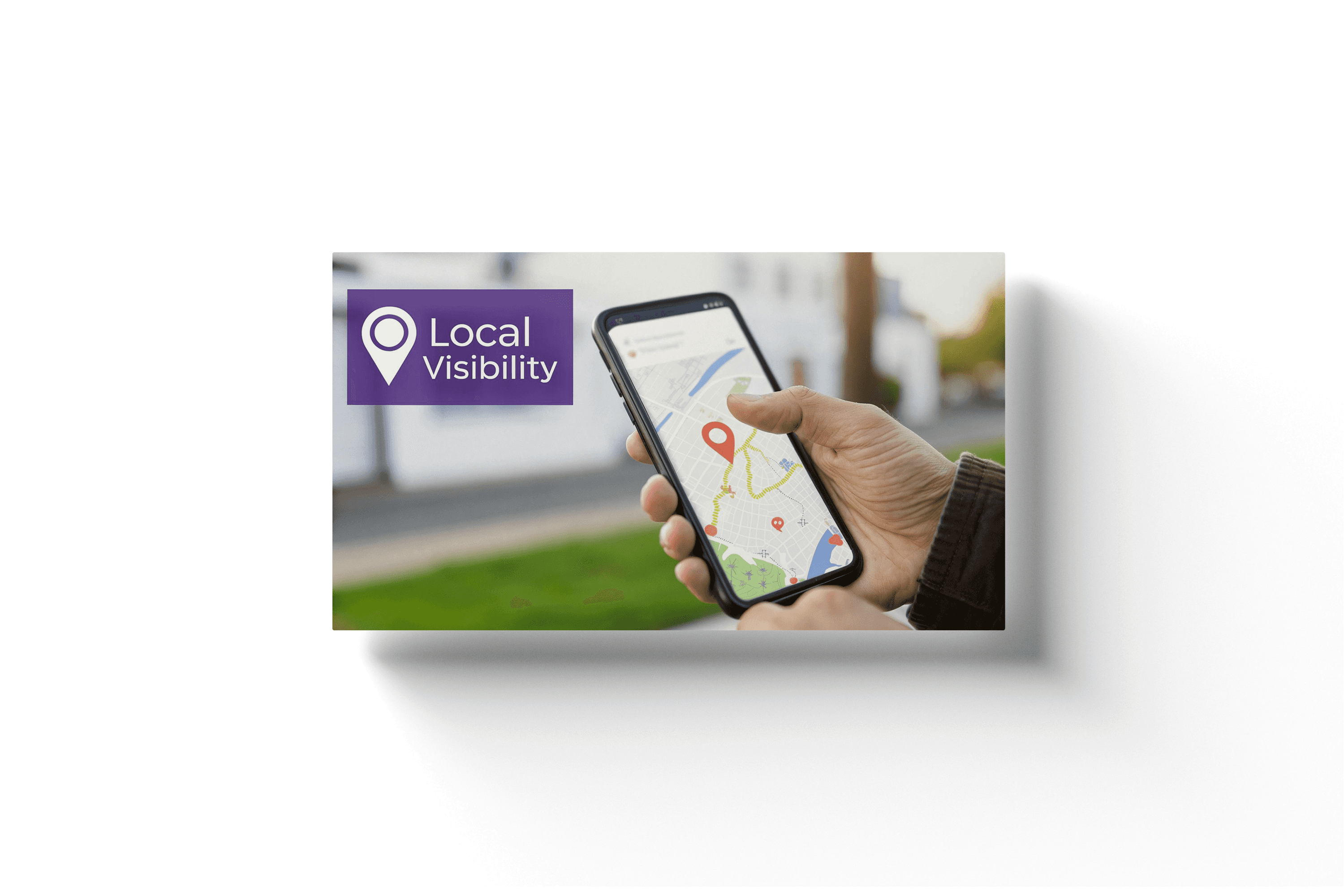 a close up of a iphone with a map and the text 'local visibility' in the top left
