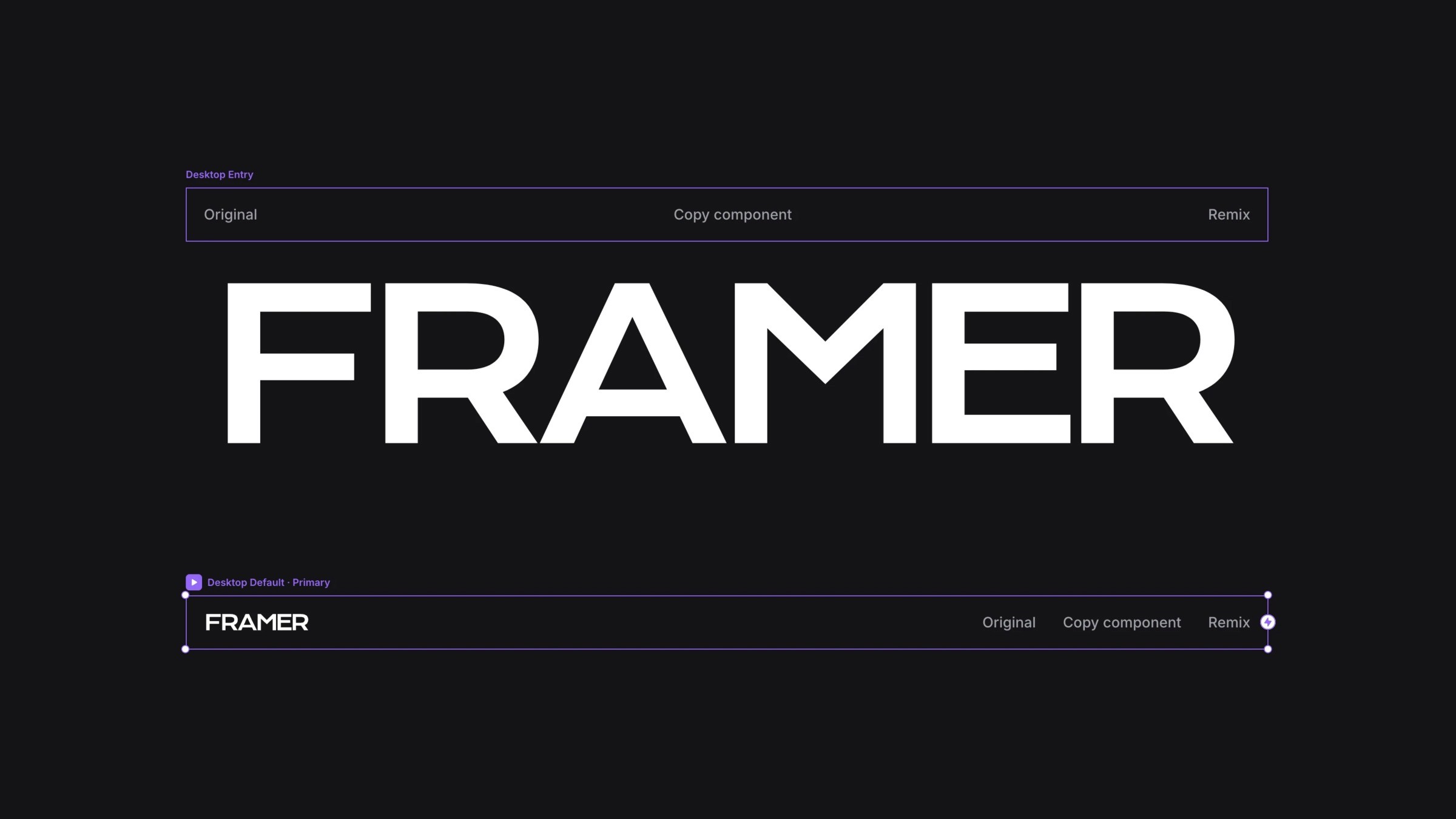 Framer logo design interface showcasing desktop and mobile component variants with remix options