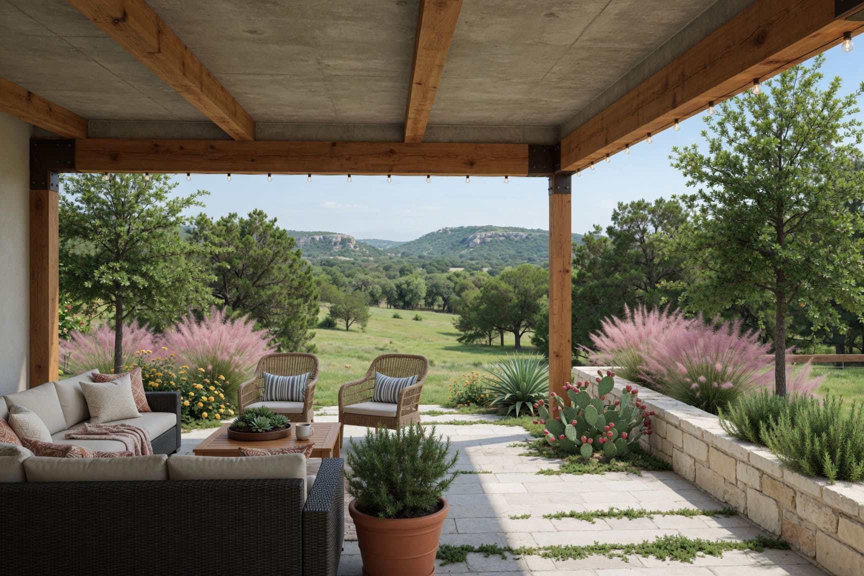 Covered terrace with Hill Country and wildflower garden views